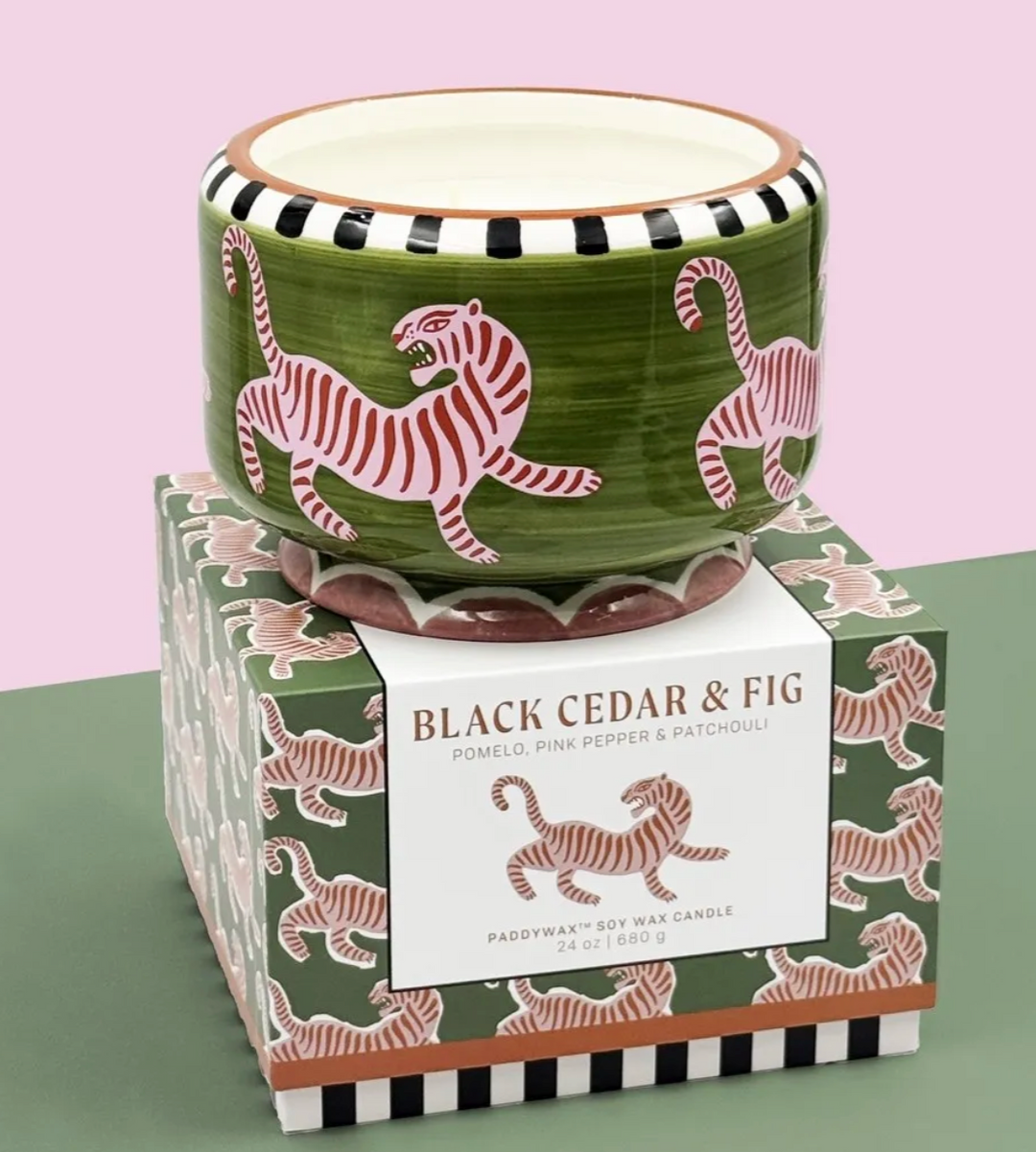 Paddywax 24 oz Ceramic Tiger Candle - Black Cedar & Fig