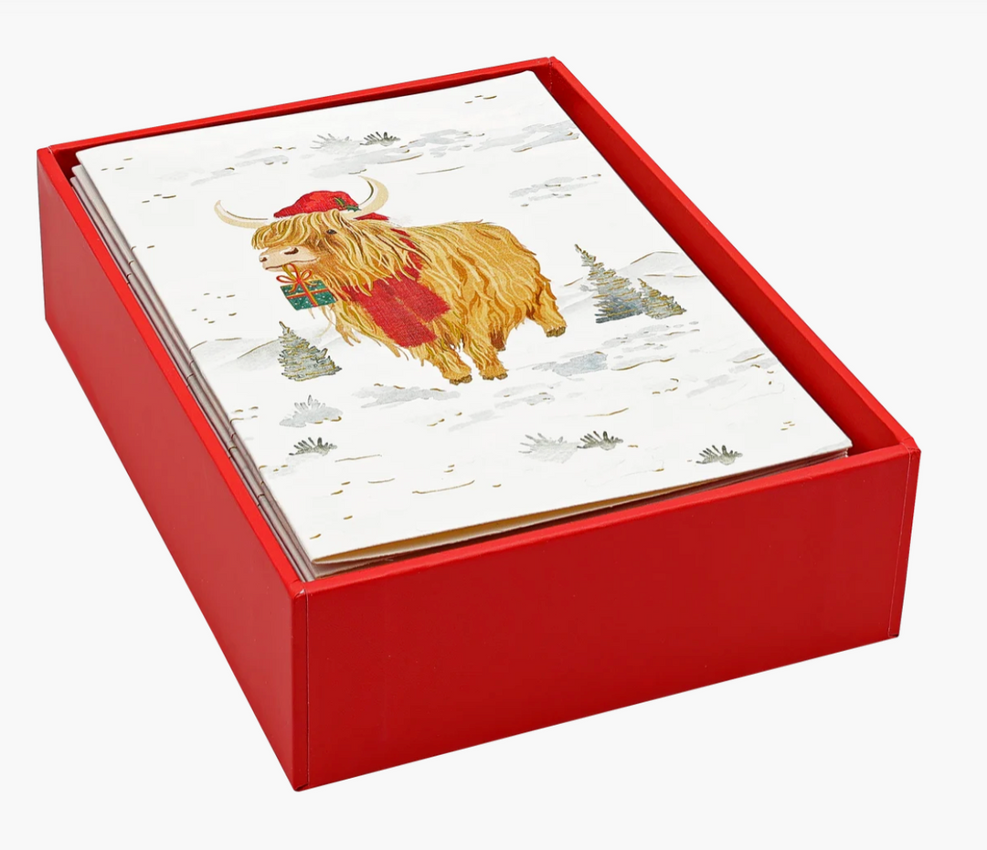 Small Boxed Christmas Cards - Festive Highland Cow