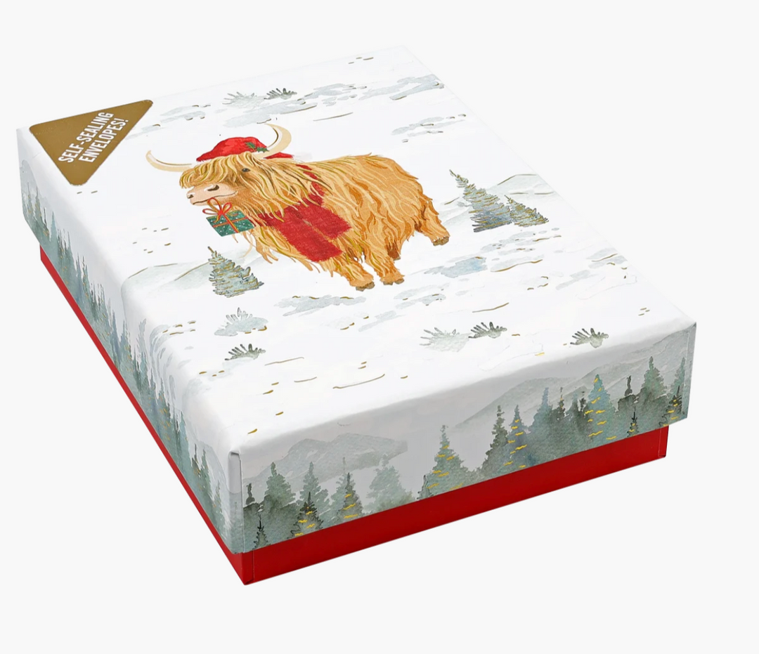 Small Boxed Christmas Cards - Festive Highland Cow