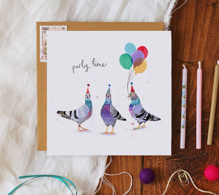 Louise Mulgrew Card - Pigeons Party Time