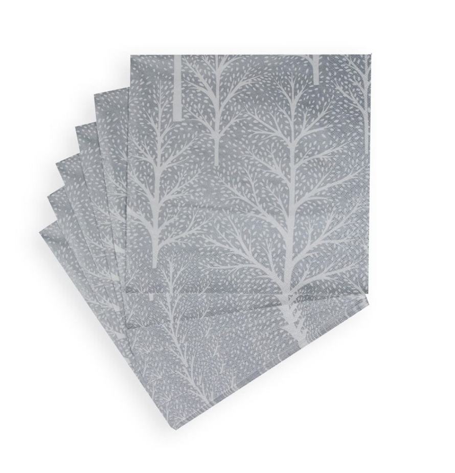Caspari Christmas Cocktail Napkins - Winter Trees Silver/White