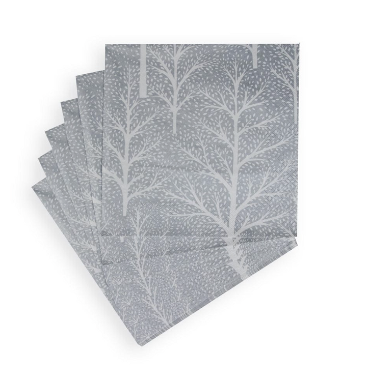 Caspari Christmas Cocktail Napkins - Winter Trees Silver/White