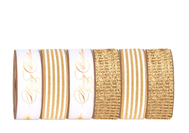 Christmas Ribbon Roll 25mm x 3m - Christmas Star Taffeta White/Gold