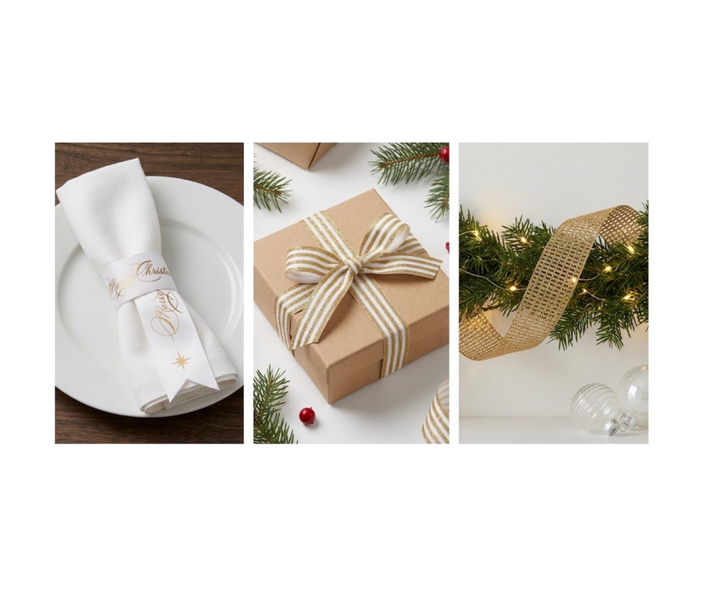 Christmas Ribbon Roll 25mm x 3m - Christmas Star Taffeta White/Gold
