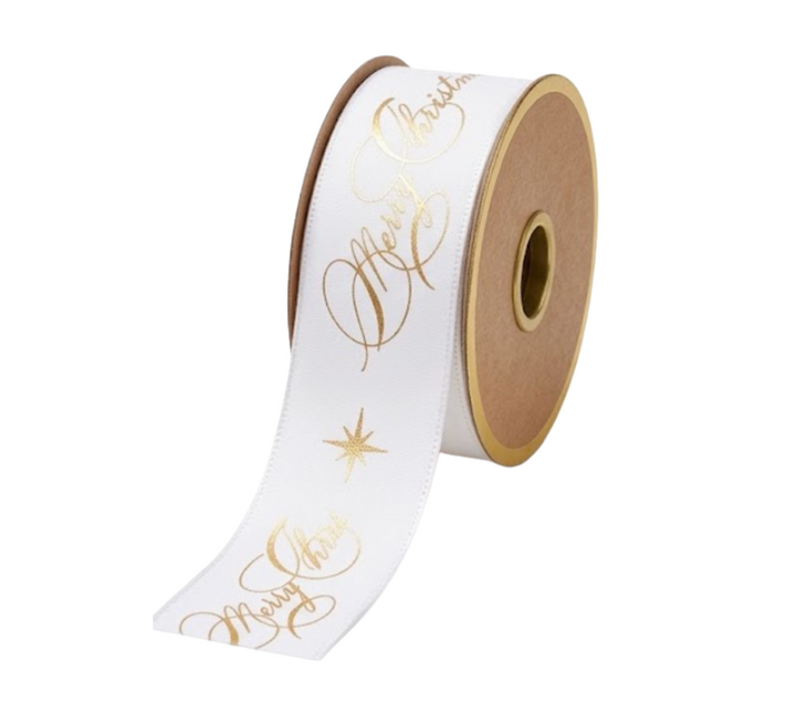 Christmas Ribbon Roll 25mm x 3m - Christmas Star Taffeta White/Gold