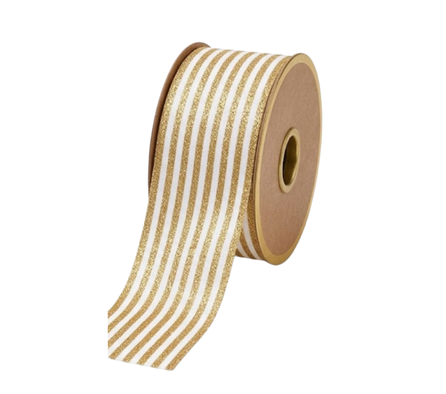 Christmas Ribbon Roll 25mm x 3m - Christmas Star Taffeta White/Gold